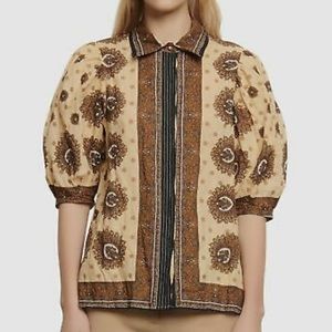 Beige Short-Sleeve Button-Down Casual Blouse